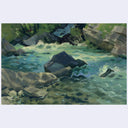 A landscape painting of a rocky river or waterfall scene, with green foliage, dark boulders, and turquoise-green water in a textured impasto style.