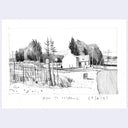 A black and white hand-drawn sketch of a rural landscape with houses, trees, a fence, and open ground, with the handwritten text 'Road to Ullapool 27/4/21' at the bottom.