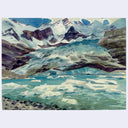 A watercolor landscape painting of a glacier-fed lake with mountains, ice, and blue-green water, shown against a light gray background.