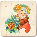 A square wooden flat panel featuring a hand-painted illustration of a smiling boy with a flower crown, surrounded by colorful flowers and a red beaded necklace.