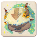A square flat wood panel featuring a hand-painted style illustration of an yak with fluffy cream and brown fur, decorated with yellow flowers and a green wreath, on a light beige background with gold star accents.