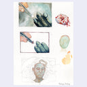 A painting featuring three panels depicting a medical or surgical scene with hands, gloved fingers, a small wound, and a sketch of a face, on a white paper background .