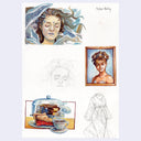A sheet of artwork featuring multiple painted and sketched portraits, still life, and figure studies on a white paper background. Visible painted elements include a woman's face with flowing blue hair, a framed portrait of a woman, a covered pastry and cup still life, and several faint figure sketches.