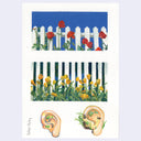 A painting featuring two illustrated floral scenes and two anatomical ear drawings on a white paper background. The top panel shows red roses behind a white picket fence under a blue sky.