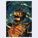 A surreal horror painting of a skull-like head with glowing yellow eyes and teeth, dark branches growing from it, and a ribbed torso with fiery orange and yellow highlights against a dark blue background with small white dots.