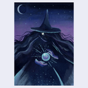A stylized fantasy illustration of a witch in a tall pointed hat holding a glowing orb, set against a starry night sky with a crescent moon. The artwork fills most of the frame and is shown centered on a light gray background.