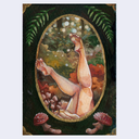 A painting featuring a surreal scene of a person's legs stretched upwards in a forest, framed by a gold oval border, with mushrooms at the bottom and green leaves at the top, set against a light gray background.
