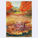 A vertical artwork depicting a whimsical autumn landscape with a small witch in a pointed hat rolling through fallen leaves, surrounded by vibrant orange and red foliage under a pale sky.