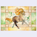 Stylized horse with flowing mane and tail, orange and flowy like flames, against a decorative geometric background with leaves.