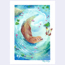 Illustration of a otter swimming in water with flowers and a butterfly.