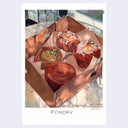 Rendered illustration of 4 pastries inside of a brown box, with sunlight dappling the table around it.