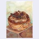 A watercolor painting of a pastry or tart with several glossy dollops on top and a dark chocolate stick, shown against a soft cream and pale green background.