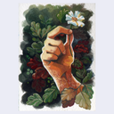 A watercolor-style artwork showing a human hand reaching upward among dark green leaves and red flowers, with a small pale blue flower near the top right. The painting is presented on a light neutral background.