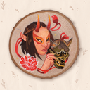 A circular wooden plaque featuring a hand-painted illustration of a demon-like character with red horns and a green mask, surrounded by red floral details, set against a light beige background with subtle leaf patterns.