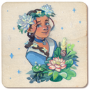 A square wooden panel featuring a colorful painted illustration of a girl with braided hair, a flower crown, and a bouquet of flowers, set against a light wood background with blue star details.