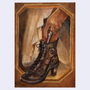 A vintage-style illustrated print showing a dark brown lace-up ankle boot with a high heel and patterned fabric panel, with a hand placing a red ribbon into the boot opening. The artwork is framed by an ornate gold border on a light gray background.