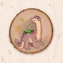 A circular wooden slice wall art piece featuring a painted baby dinosaur with a green leaf on its back, surrounded by gold stars, on a light beige background with subtle botanical line drawings.