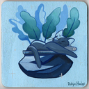 Blue monochromatic painting of a blue cat laying in a large planter pot with leaves.
