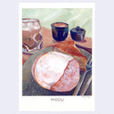 Still life illustration of a fancy pastry cafe, with a cream puff and cake on a plate with coffee behind it.