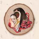 A circular painted wood slice featuring an illustrated a woman with long dark hair, with her face removed like a mask and held out in front of her. She is surrounded by bold red flowers and red ribbon-like elements, set against a light beige background with subtle decorative leaf motifs.
