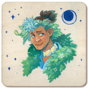 A square wood panel featuring a whimsical illustration of a young boy with green leafy hair accessories, a blue flower, and a blue crescent moon on a cream background.