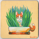 Painting on wooden coaster of an orange cat emerging from a pot of cat grass.