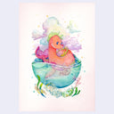 Colorful illustration of a sea creature, akin to the Loch Ness Monster, pink and purple in color in a sphere of water with clouds overhead.