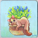 Illustration of a brown cat laying in a large brown planter pot where blue flowers grow.