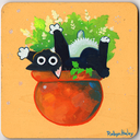 Painting of a cartoon black and white cat laying upside down in an orange planter bot where greenery grows.