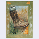Artwork featuring a painted scene of a brown lace-up boot stepping into tall grass, framed by an olive green border with white leafy vines and orange flowers.