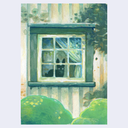 A painted scene showing a black cat sitting quietly inside a window of a house, with green bushes in the foreground and soft light filtering through the window panes.