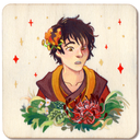 Painting on a thin wood panel of a character with short black hair, and orange and red outfits and flowers. He looks surprised.