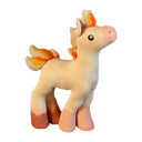 Sculpture of a small white unicorn with flames for a mane and pink coloring on its hooves and snout.