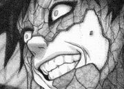 Graphite illustration of Gaara from Naruto, a close up of his face as part of it is cracked off to reveal sand underneath. He has a scary expression with gritted teeth and wide eyes.