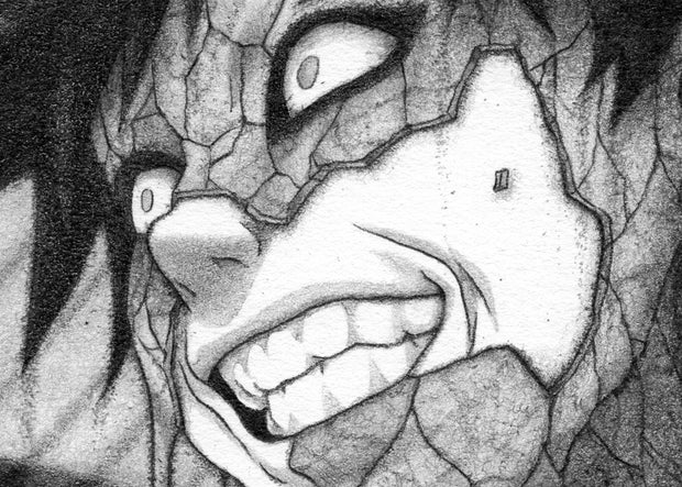 Graphite illustration of Gaara from Naruto, a close up of his face as part of it is cracked off to reveal sand underneath. He has a scary expression with gritted teeth and wide eyes.