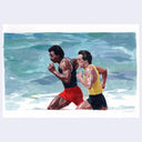Painting of a film still from Rocky III of 2 men running on a beach.