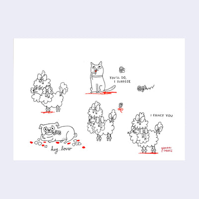 Drawings of cats and dogs with small roses and romantic phrases.