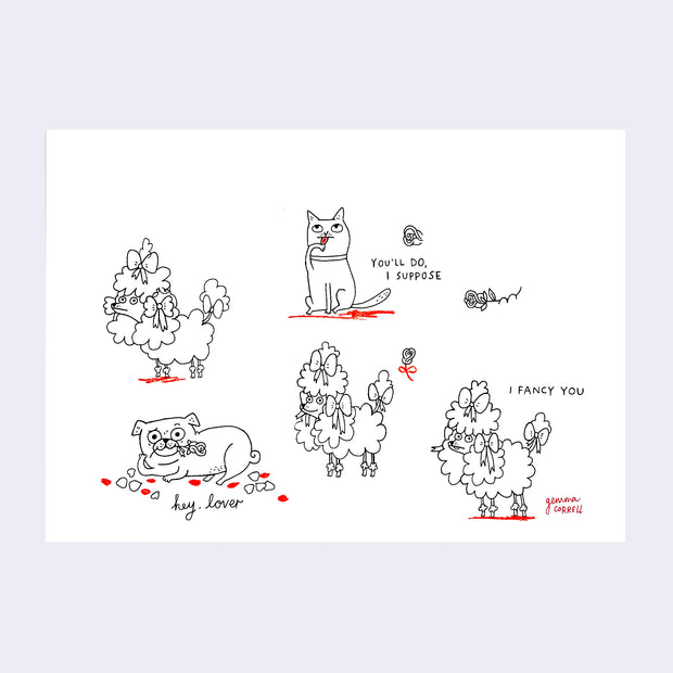 Drawings of cats and dogs with small roses and romantic phrases.