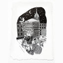 Black ink drawing on deckled edge paper of 2 characters atop a roof, with one climbing the water tower that is atop it. 