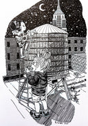 Black ink drawing on deckled edge paper of 2 characters atop a roof, with one climbing the water tower that is atop it.