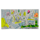 An artwork of a whimsical, hand-drawn scene with a figure holding a torch, colorful architectural forms, and organic shapes in yellow, green, pink, blue, and orange on a light gray background.