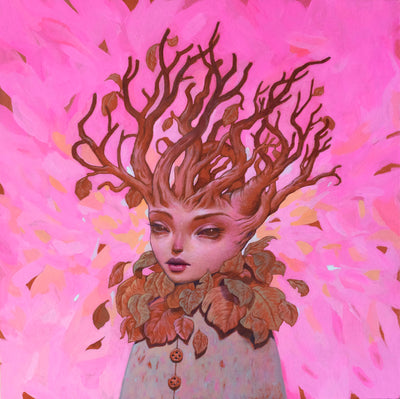 Bright pink painting of a girl with bare branches as hair. She has a collar of leaves and a gray blue buttoned cloak.