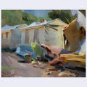 An impressionistic oil painting of a rustic outdoor scene featuring a weathered cream-colored trailer or small house, a rusted metal car part, and green foliage in the background, signed by the artist in the lower-left corner.