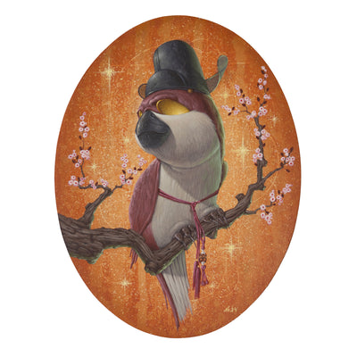 Painting on oval shaped panel of a pink bird wearing a hat of nobility and sitting on a branch with cherry blossom. Background is bright orange.