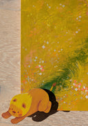 Painting of a yellowish green field with pink flowers, A tiny lion runs off of the wood panel in the lower left corner, leaving a path behind it.