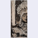 A vertical rectangular artwork featuring a stylized portrait of a woman in profile wearing an elaborate feathered headdress, rendered in black, beige, and brown tones against a light gray background.