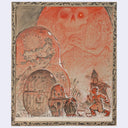A fantasy artwork featuring a giant red skull in a stormy sky, a large Russian doll which opens into smaller dolls, and a character pulling something out from the smallest one. The artwork is rendered in muted red, beige, brown, and gray tones and is presented within an ornate decorative frame against a light gray background.