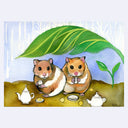 Painting of 2 small, cute brown mice sitting under a leaf with raindrops falling onto it. In front of them are small teapots with crackers on plates and on the ground.