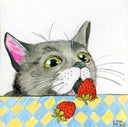 A whimsical illustration of a gray cat with green eyes peeking over a blue and yellow checkered table while eating strawberries. The cat has pink inner ears, and the background is a textured off-white paper.