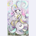 Watercolor illustration of a girl looking over her shoulder, with long hair made out of tentacles against a pastel blue and pink background.